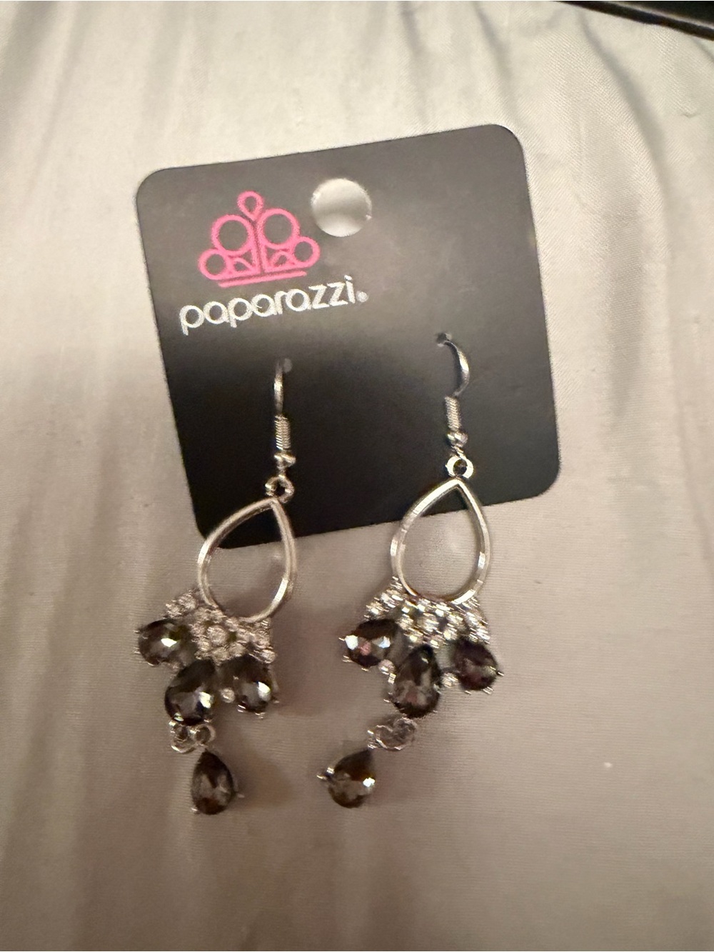 paparazzi Silver Teardrop Dangle Earrings with Smoky Black Crystals